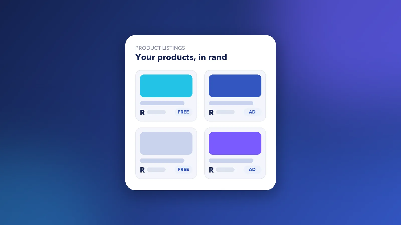 Graphic of product listing tiles priced in rand, some marked free and some marked ad, illustrating Google Shopping in South Africa