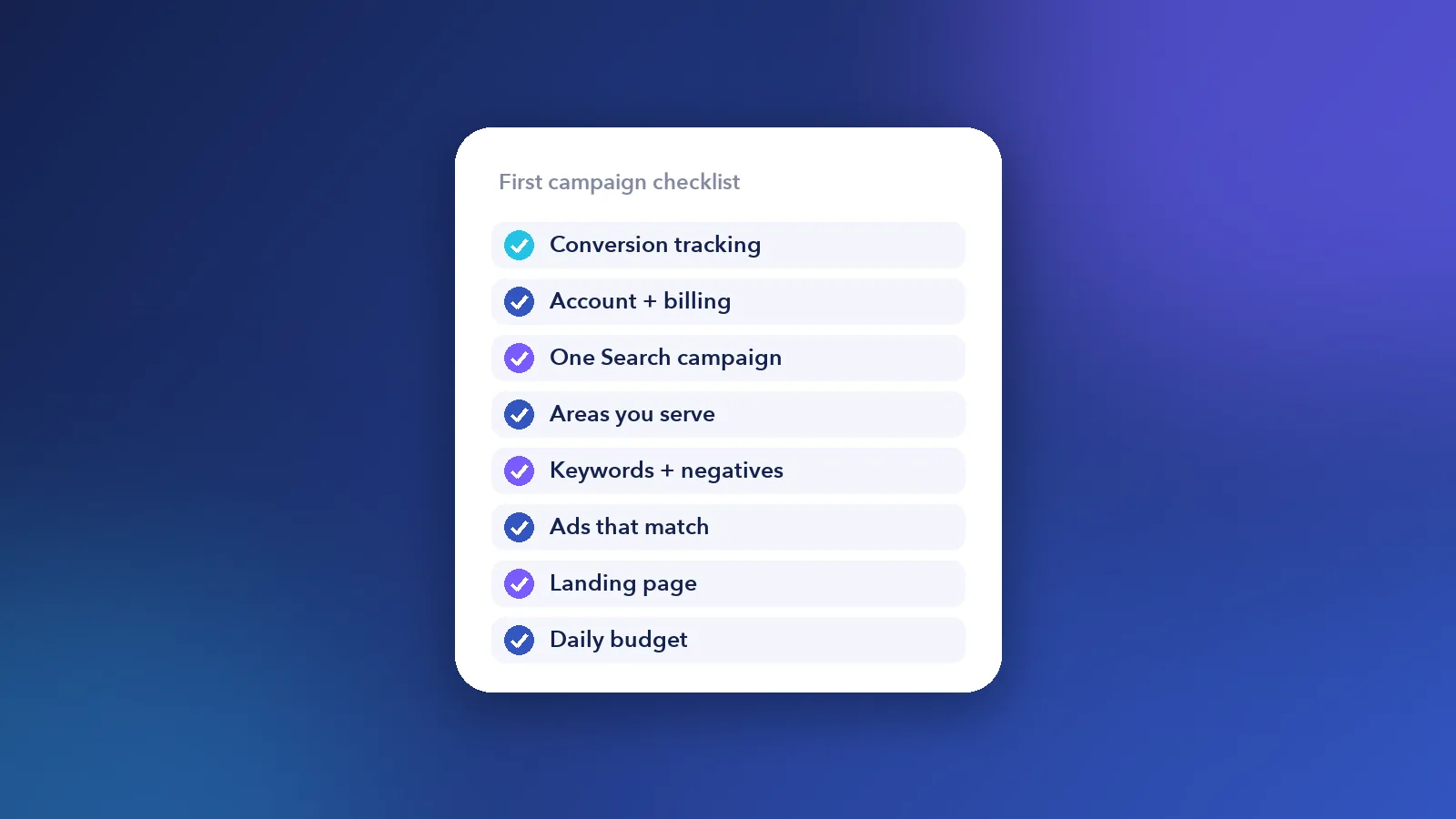 Graphic of an eight-step checklist for a first Google Ads campaign, starting with conversion tracking and ending with a monthly rand budget