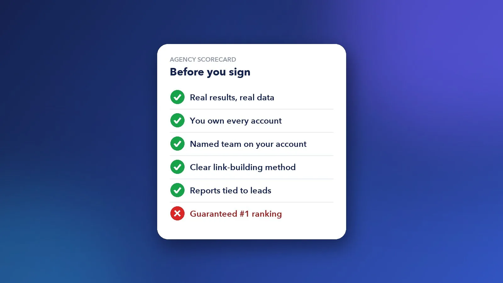 Checklist graphic for comparing SEO agencies, with ticks for real results and account ownership and a cross for guaranteed rankings