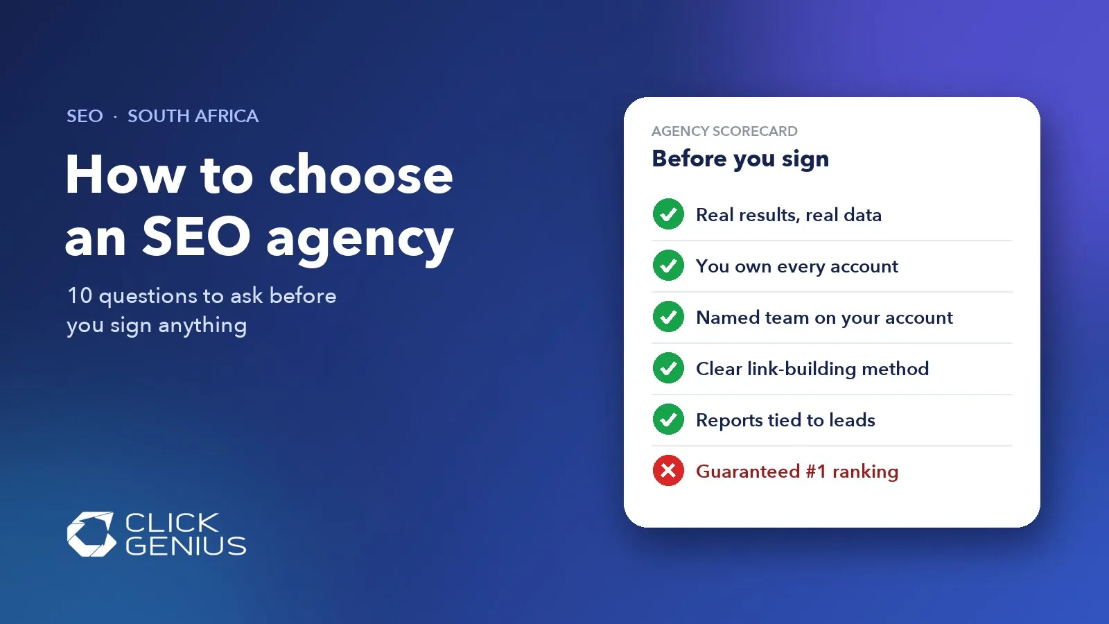 Checklist graphic for comparing SEO agencies, with ticks for real results and account ownership and a cross for guaranteed rankings